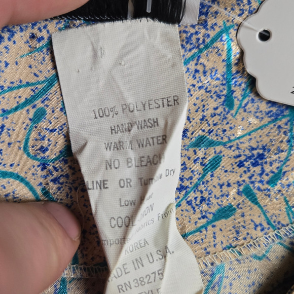 70s Vintage Cream Blue Metallic Abstract USA Made Blouse Midi Skirt Set Size 14 - Picture 6 of 13